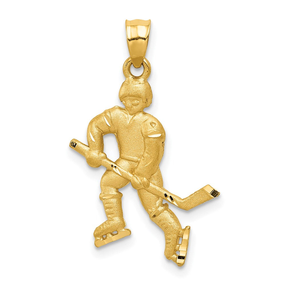 14K Satin Diamond-cut Hockey Player Pendant, 25 x 15 mm