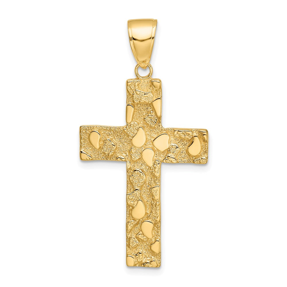 14K Polished Textured Nugget Style Cross Pendant, 41.75 x 21.6 mm