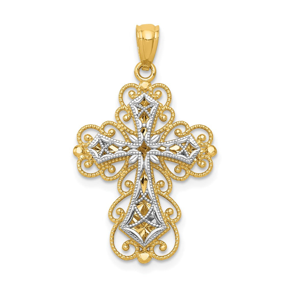 14K Two-tone Polished 2-Level Filigree Cross Pendant, 29.5 x 18 mm