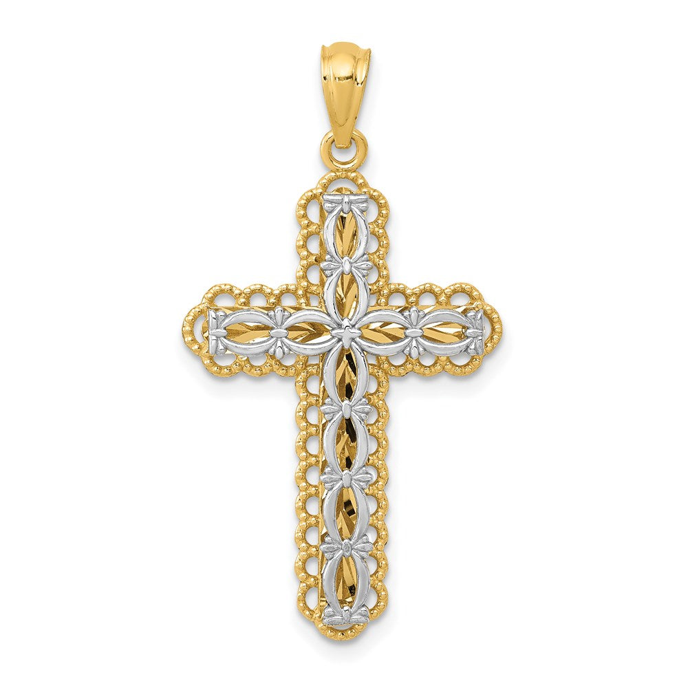 14K Two-tone Polished 2-Level Filigree Cross Pendant, 34 x 18.5 mm