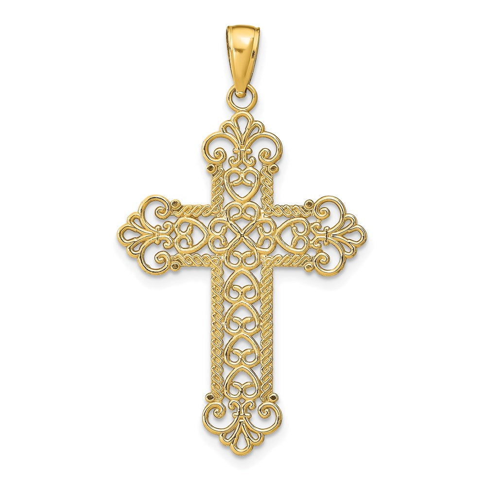 14K Polished Large Rope Frame Filigree Cross Pendant, 43 x 25 mm