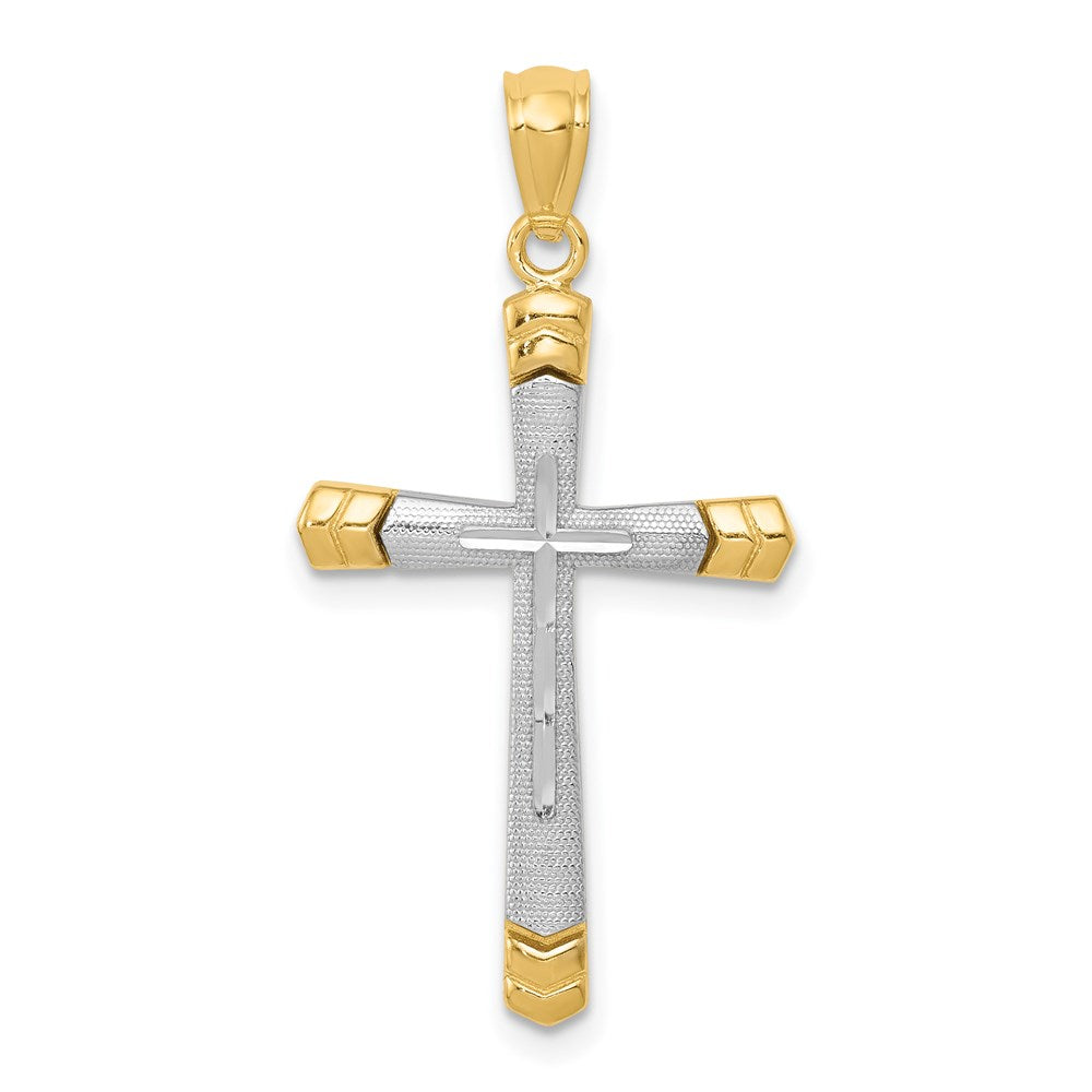 14K Two-tone Polished Diamond-cut Cross Pendant, 31 x 16.5 mm