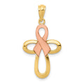 14K Two-tone Polished Pink Ribbon Cross Pendant, 30 mm