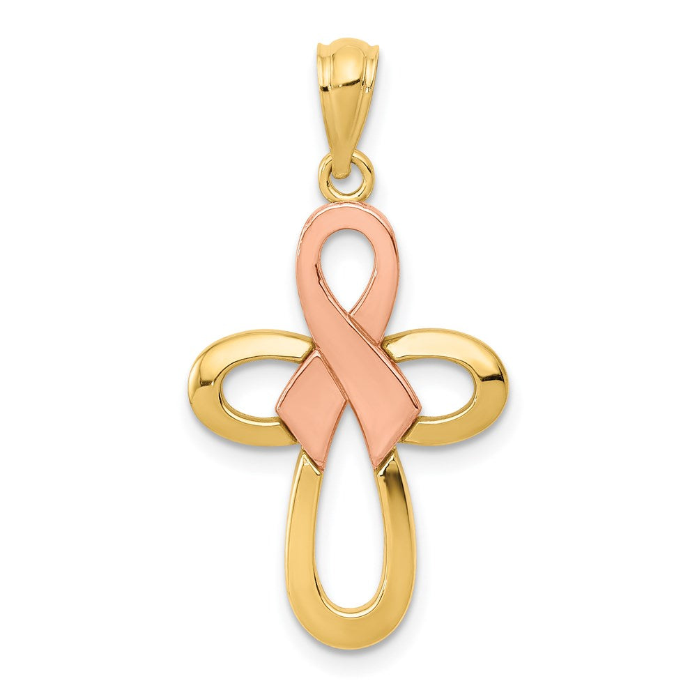 14K Two-tone Polished Pink Ribbon Cross Pendant, 30 mm