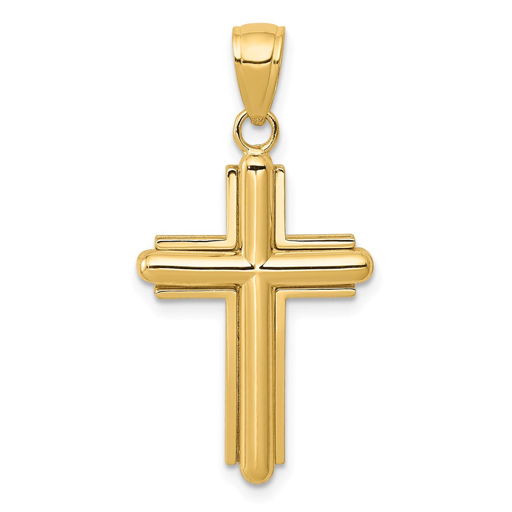 14K Polished Beveled Stick Cross with Frame Pendant, 32 mm