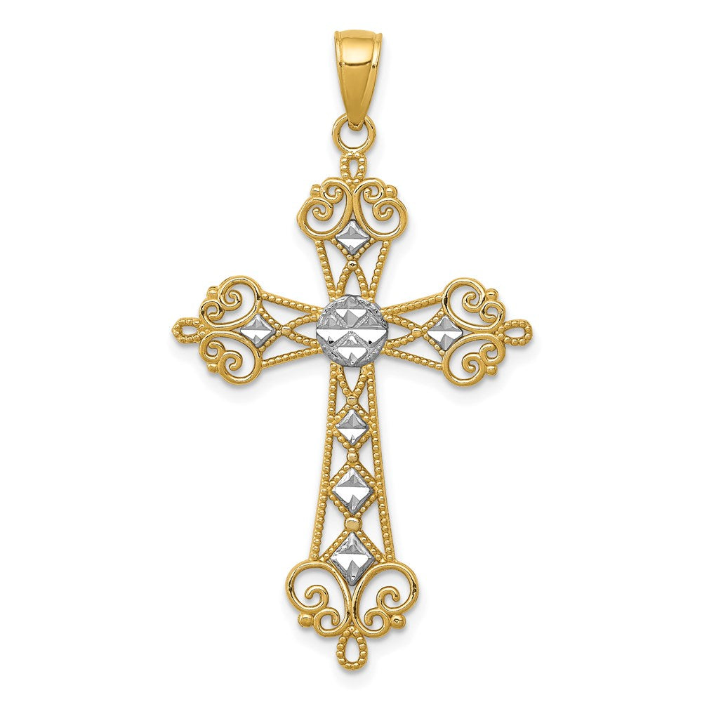 14K and White Rhodium Polished Diamond-Cut Cut-Out Cross Pendant, 43.5 x 25 mm