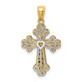 14K Two-tone Polished Filigree 2 Level Heart Cross Pendant, 30 x 15 mm