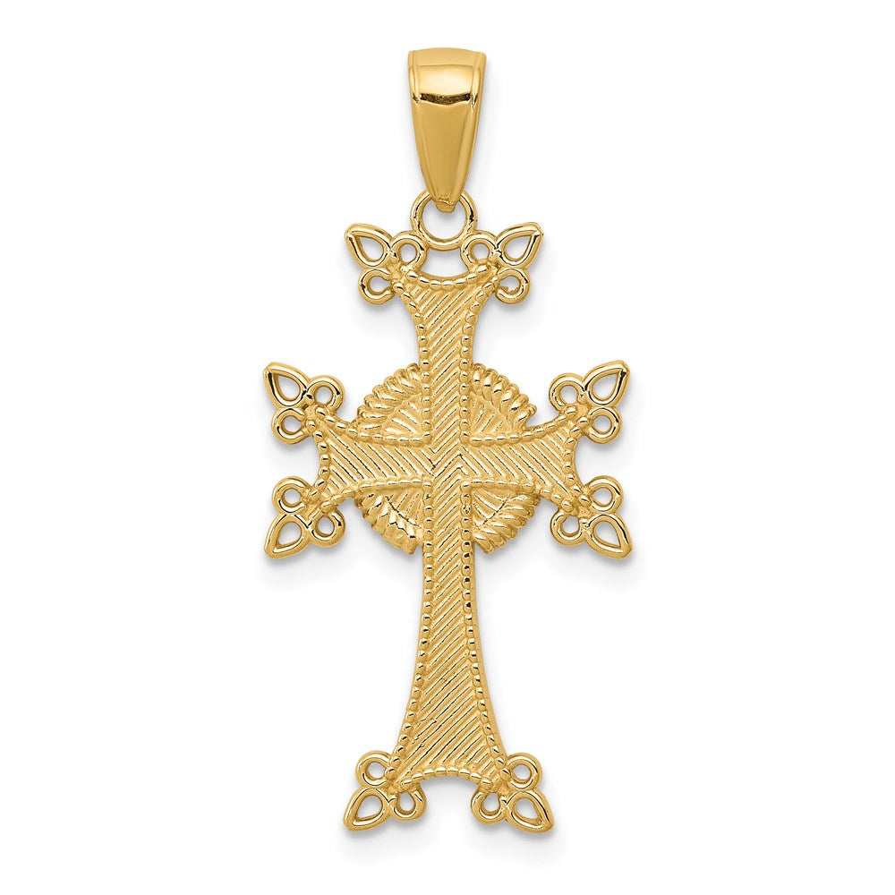 14K Polished and Textured Armenian Cross Pendant, 31 x 15 mm