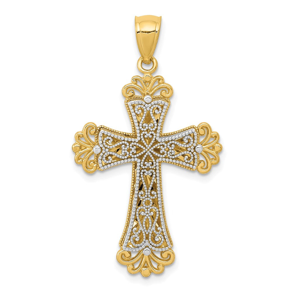 14K Two-tone Polished 2-Level Fleur de Lis Cross Pendant, 36.75 mm