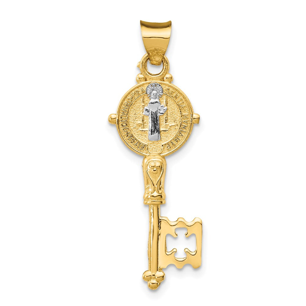 14k with White Rhodium Solid St. Benedict 2-Sided Cross Key Pendant, 34.25 x 11.6 mm