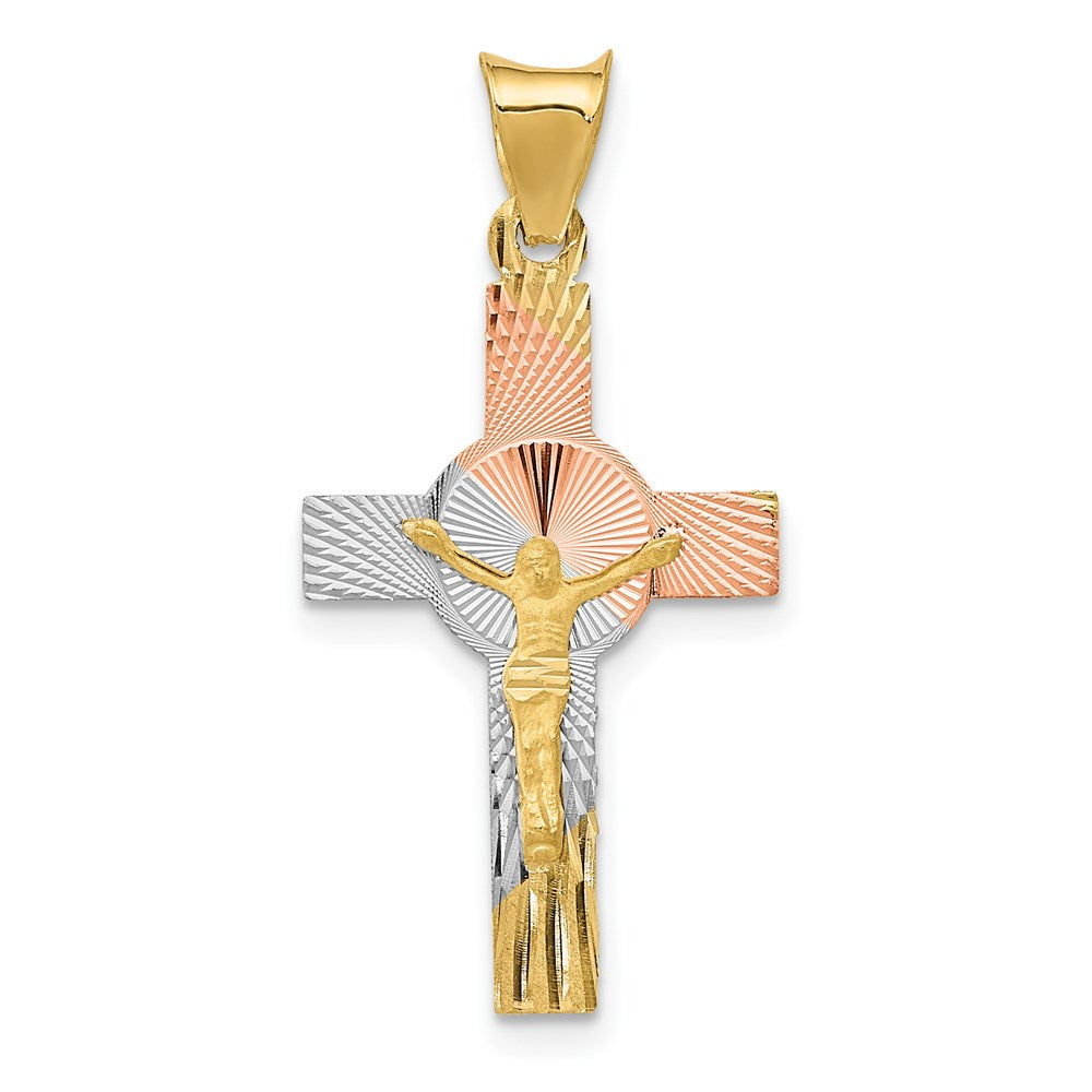 14K with Rose and White Rhodium Iona Crucifix Cross Pendant, 28 x 14 mm