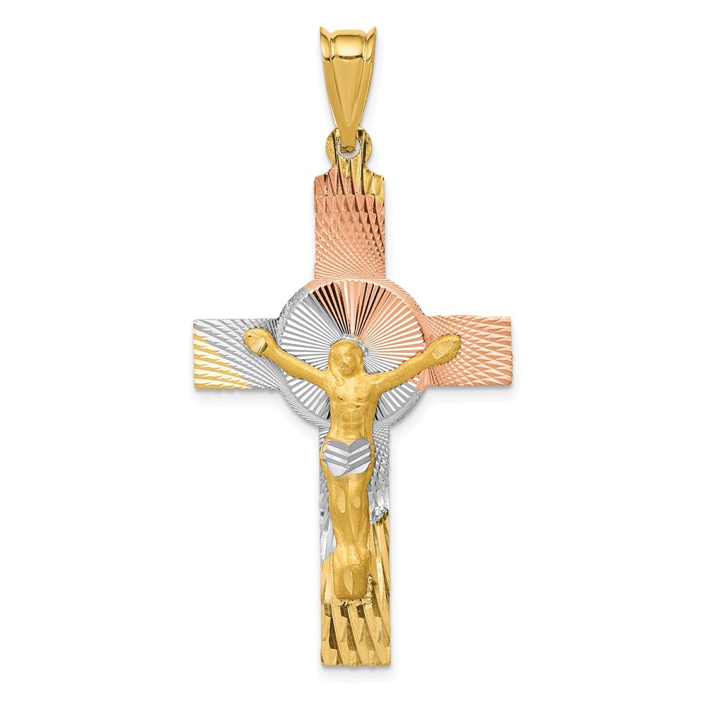 14K with Rose and White Rhodium Iona Crucifix Cross Pendant, 48 x 24.5 mm