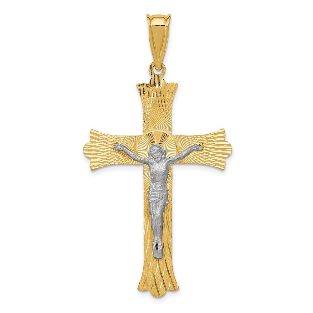 14k Two-Tone Polished Satin Diamond-cut Crucifix Cross Pendant, 49.5 x 27 mm
