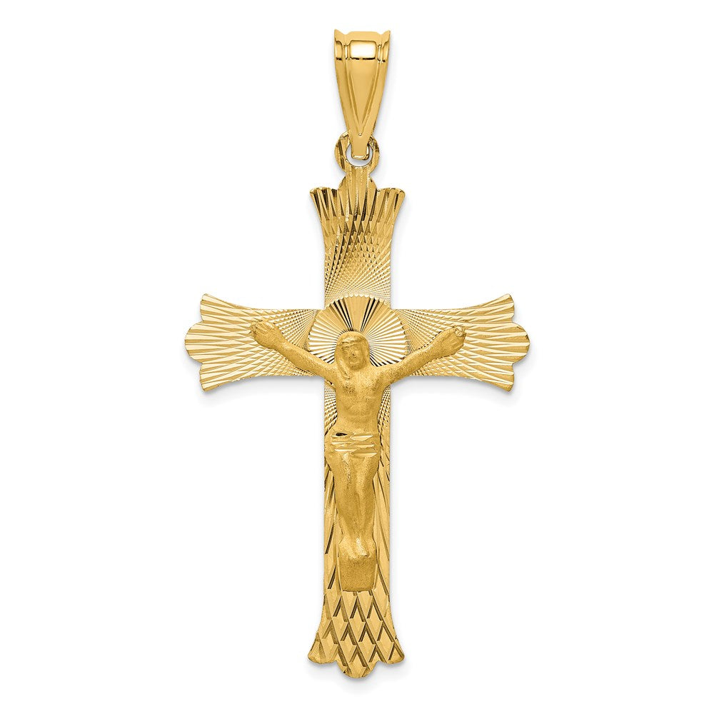 14k Polished Satin and Diamond-cut Crucifix Pendant, 49.5 x 27 mm