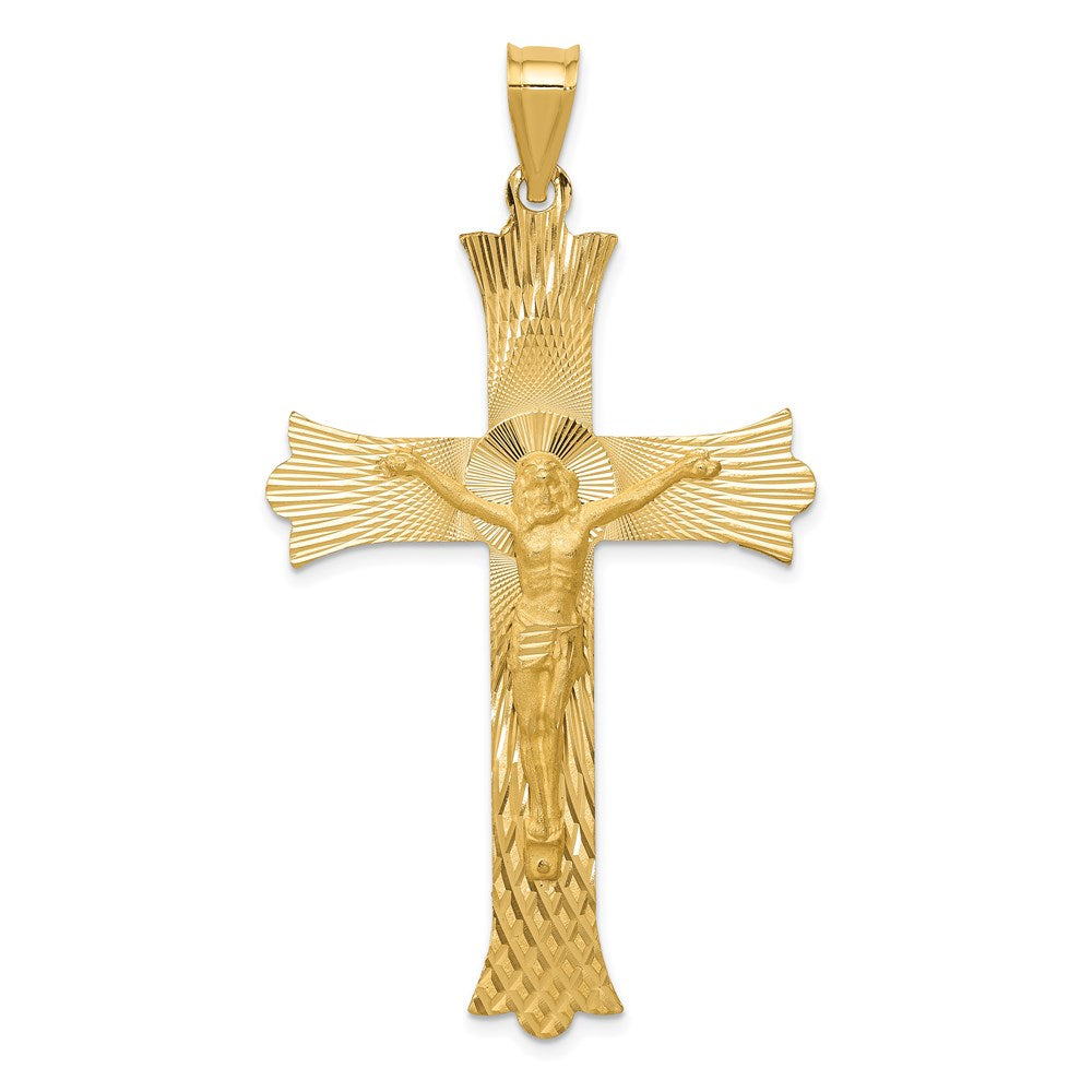 14k Polished Satin and Diamond-cut Crucifix Cross Pendant, 59 x 33 mm