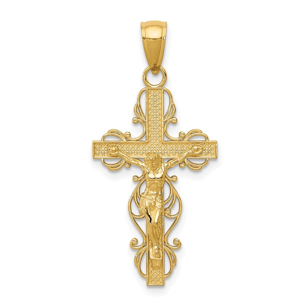 14K Polished Crucifix with Lace Trim Pendant, 33.5 x 16 mm