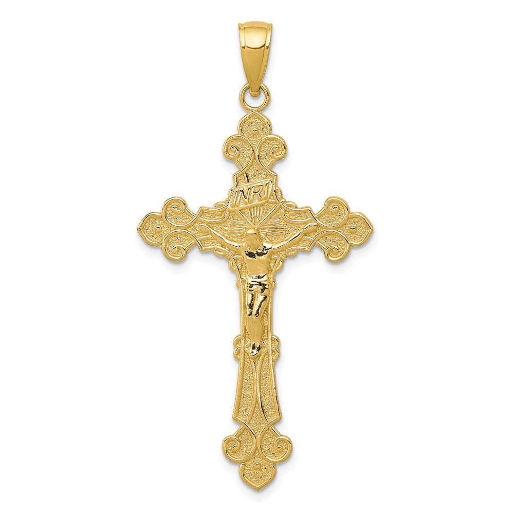 14K Polished Textured INRI Crucifix Fleur de Lis Pendant, 45 x 23 mm