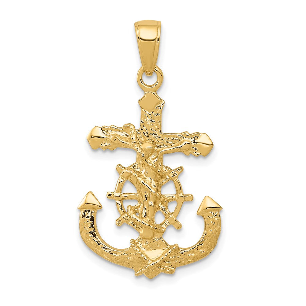 14K Polished Textured Mariners Crucifix with Rope and Wheel Pendant, 30.4 x 17.25 mm