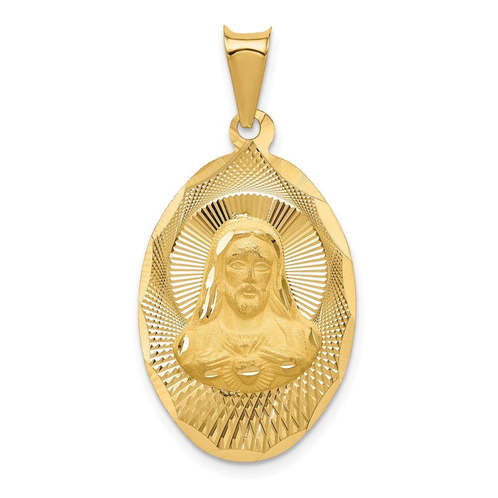 14K Polished Diamond-cut Solid Sagrado Corazon de Jesus Oval Pendant, 2.22 g
