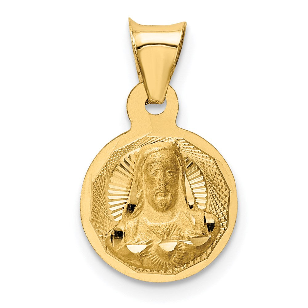 14K Polished Diamond-cut Solid Sagrado Corazon de Jesus Round Pendant, 16.7 x 10.35 mm