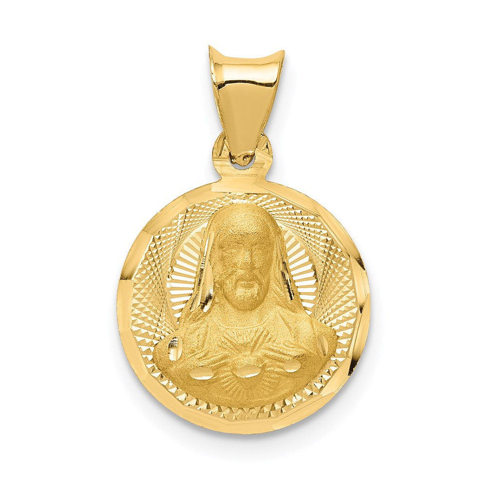 14K Polished Diamond-cut Solid Sagrado Corazon de Jesus Round Pendant, 0.98 g