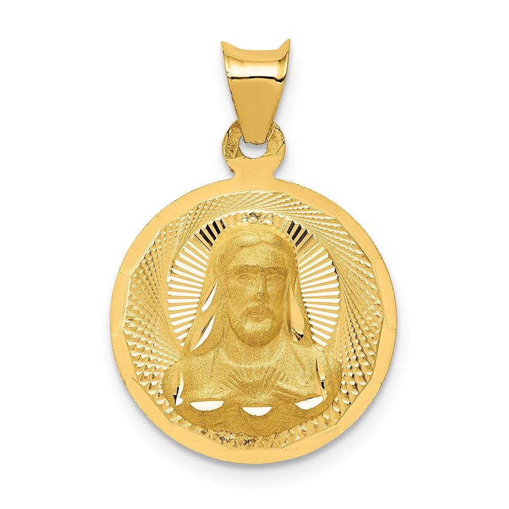 14K Polished Diamond-cut Solid Sagrado Corazon de Jesus Round Pendant, 1.43 g