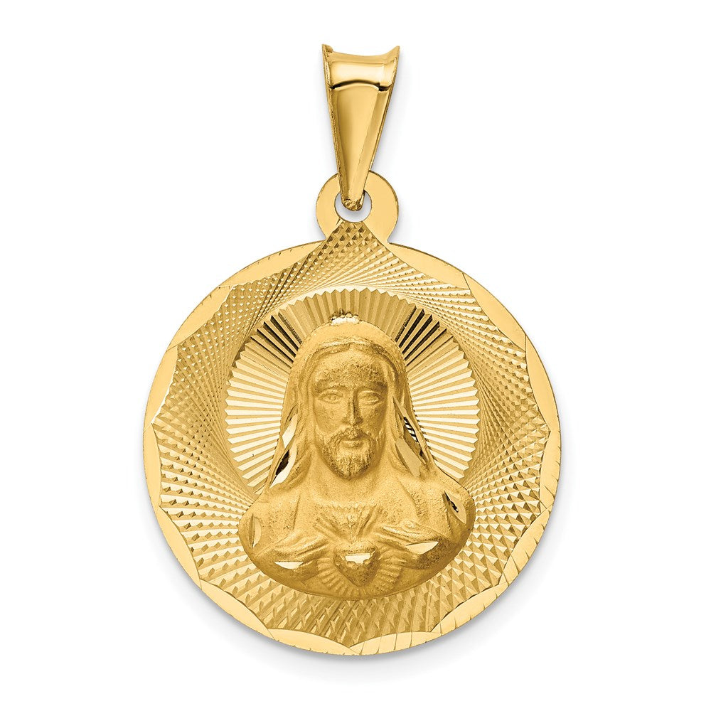 14K Polished Diamond-cut Solid Sagrado Corazon de Jesus Round Pendant, 2.36 g