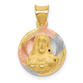 14K with Rose and White Rhodium Diamond-cut Solid Sagrado Corazon de Jesus Round Pendant, 0.99 g