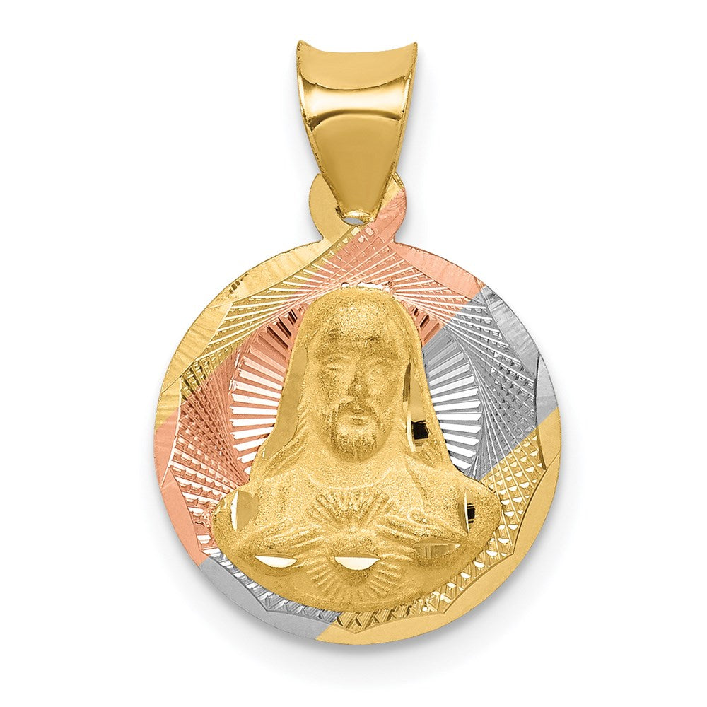 14K with Rose and White Rhodium Diamond-cut Solid Sagrado Corazon de Jesus Round Pendant, 0.99 g