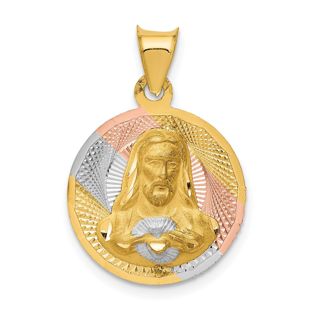 14K with Rose and White Rhodium Diamond-cut Solid Sagrado Corazon de Jesus Round Pendant, 1.27 g