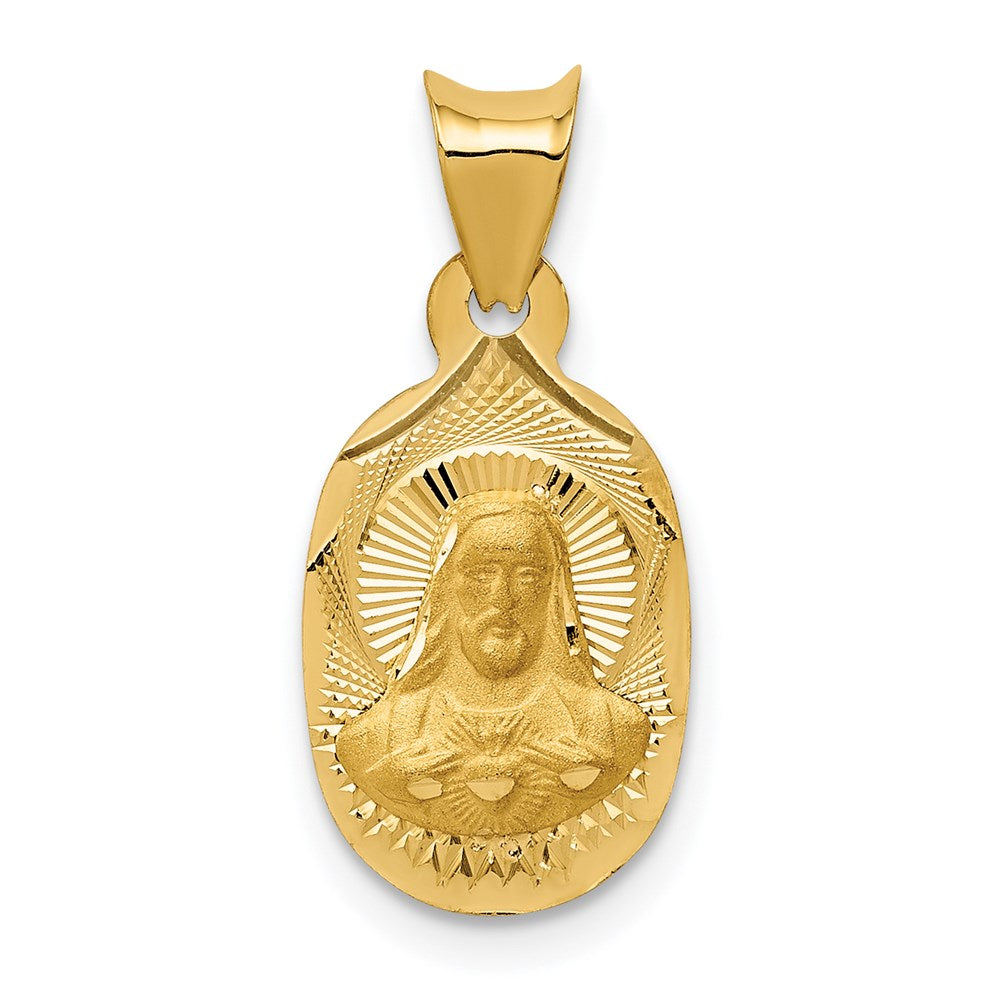 14K Polished Diamond-cut Solid Sagrado Corazon de Jesus Oval Pendant, 0.87 g