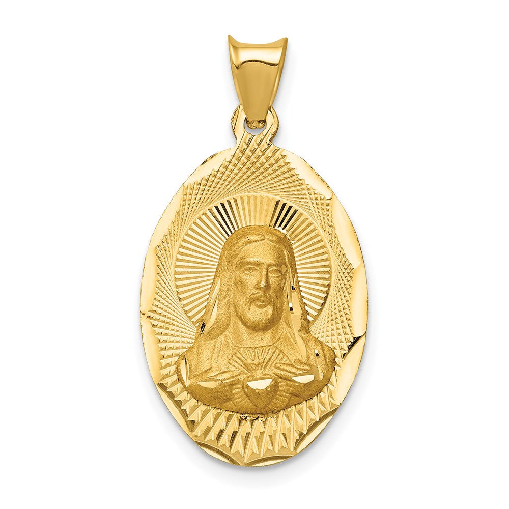 14K Polished Diamond-cut Solid Sagrado Corazon de Jesus Oval Pendant, 1.58 g