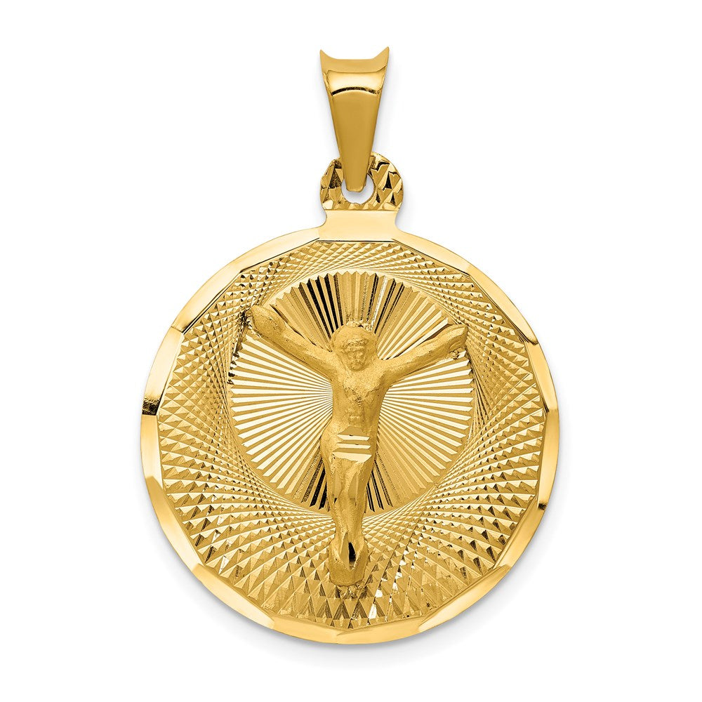 14K Polished Diamond-cut Corpus Circle Pendant, 33 x 23 mm