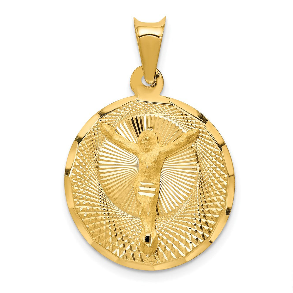 14K Polished Diamond-cut Corpus Circle Pendant, 29.5 x 20.5 mm