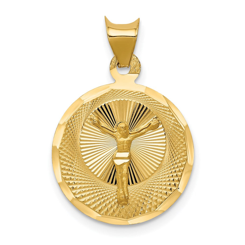 14K Polished Diamond-cut Corpus Circle Pendant, 23.5 x 16 mm