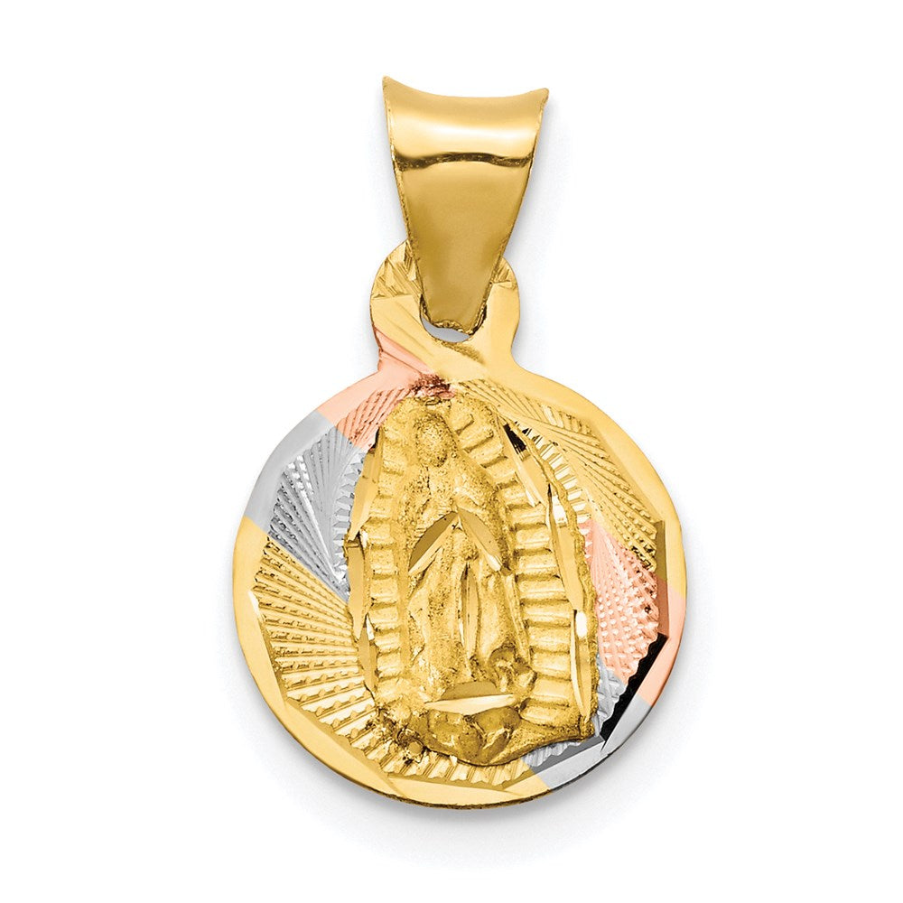 14K with Rose and White Rhodium Polished Diamond-cut Solid Our Lady Of Guadalupe Round Pendant, 17.4 x 11 mm