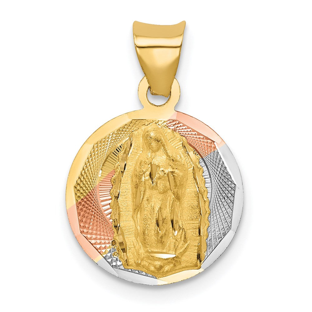 14K with Rose and White Rhodium Polished Diamond-cut Solid Our Lady Of Guadalupe Round Pendant, 19.3 x 13.5 mm