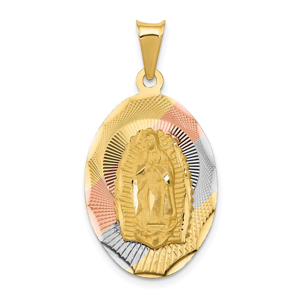 14K with Rose and White Rhodium Diamond-cut Solid Our Lady Of Guadalupe Oval Pendant, 33.5 x 17.7 mm