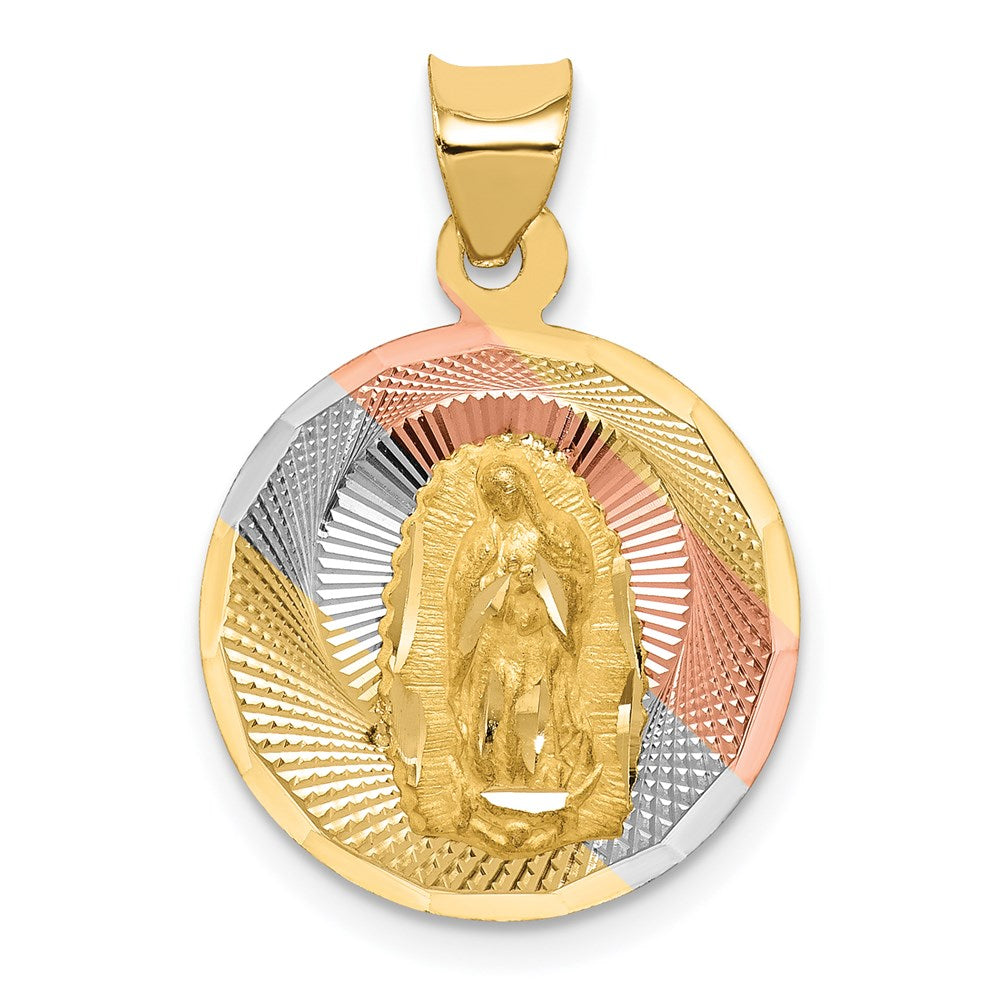 14K with Rose and White Rhodium Polished Diamond-cut Solid Our Lady Of Guadalupe Round Pendant, 23.4 x 16 mm