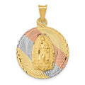 14K with Rose and White Rhodium Polished Diamond-cut Solid Our Lady Of Guadalupe Round Pendant, 27.75 x 20 mm