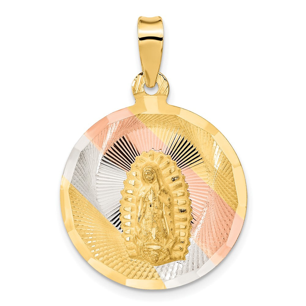 14K with Rose and White Rhodium Polished Diamond-cut Solid Large Our Lady Of Guadalupe Round Pendant, 34 x 23 mm
