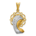 14K and White Rhodium Satin And Polished Diamond-cut Virgin Mary Scalloped Edge Pendant, 30.5 x 16 mm