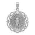 14K White Gold Polished Solid Large Miraculous Medal With Scallop Frame Round Pendant, 31 x 23 mm