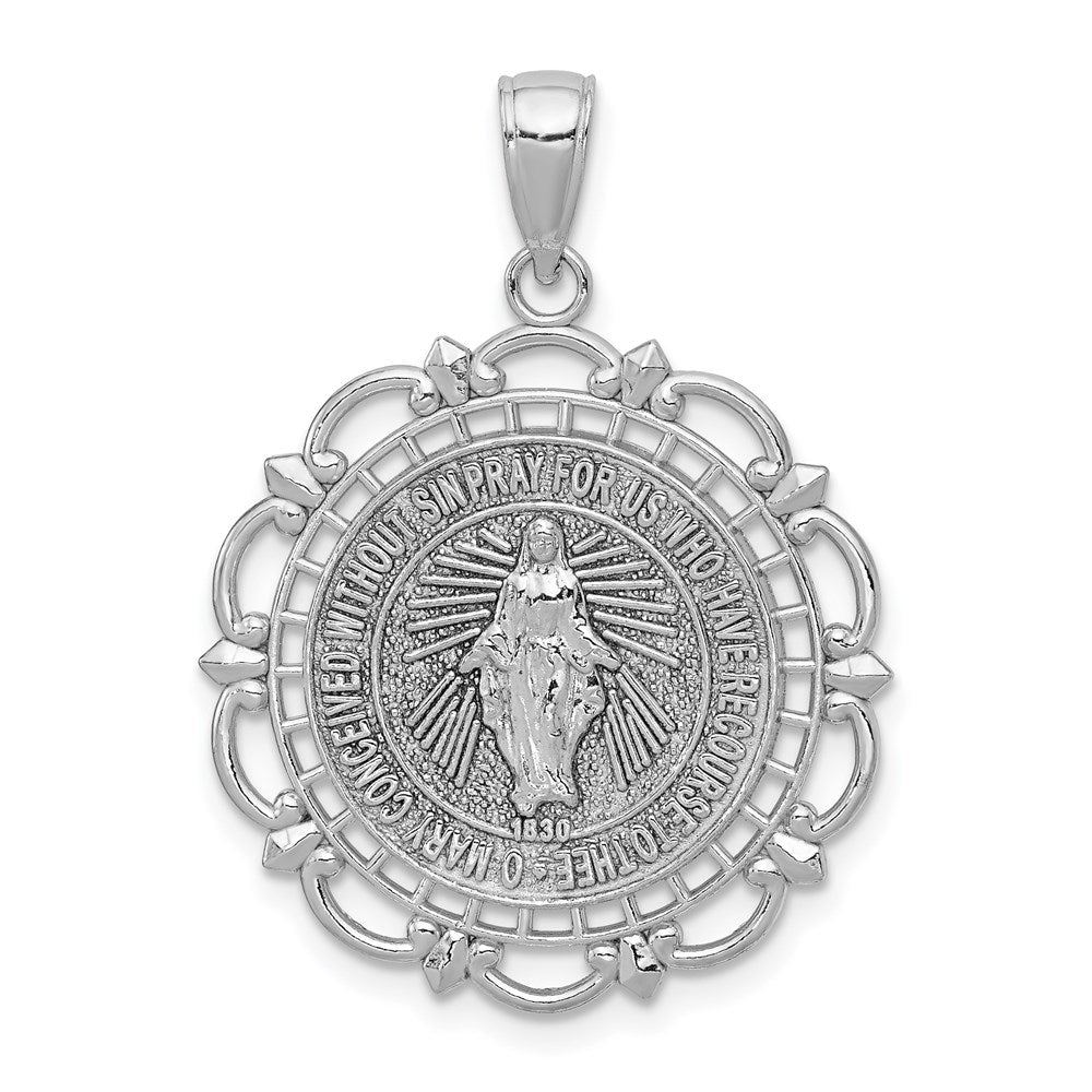 14K White Gold Polished Solid Large Miraculous Medal With Scallop Frame Round Pendant, 31 x 23 mm