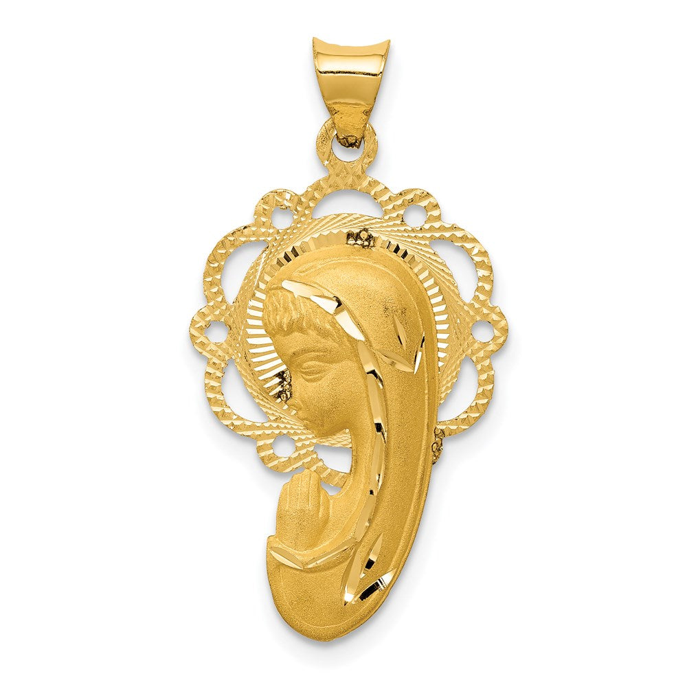 14k Satin and Polished Diamond-cut Virgin Mary Scalloped Edge Pendant, 30 x 16 mm