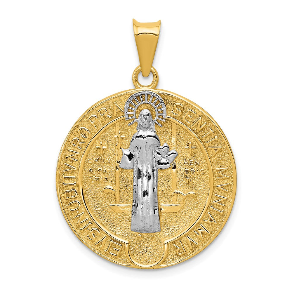 14k and White Rhodium Solid Large St. Benedict Medal Pendant, 34.5 x 24.8 mm