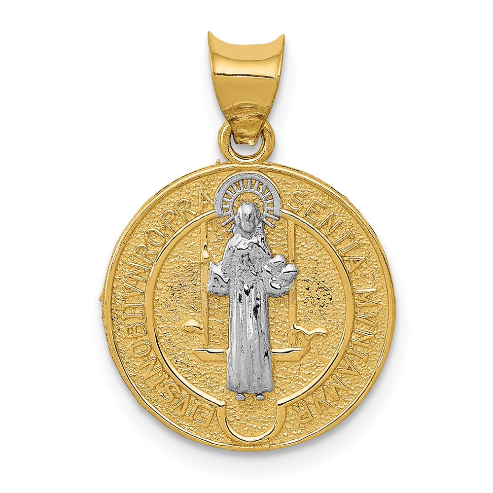 14k and White Rhodium Solid St. Benedict Medal Round Pendant, 21.5 x 15.2 mm