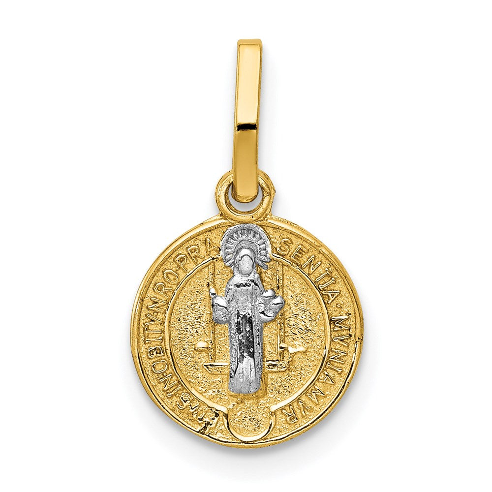 14k and White Rhodium Solid St. Benedict Medal Round Pendant, 17.75 x 10 mm