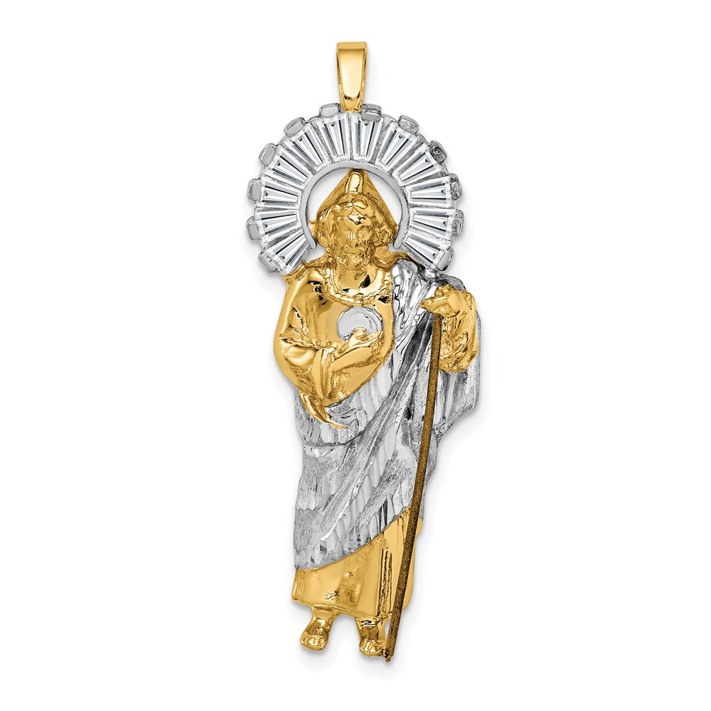 14K and White Rhodium CZ Polished Diamond-cut St. Jude Thaddeus Pendant, 39 x 15.5 mm