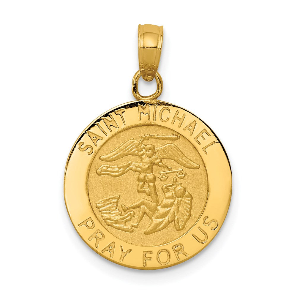 14k Polished and Satin Solid St. Michael Medal Round Pendant, 21 mm